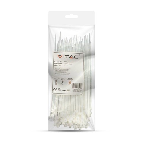 Opaska Zaciskowa V-TAC 2.5x150mm Biała 8kg Nylon66 (Opak. 100szt) Opaska Zaciskowa V-TAC 2.5x150mm Biała 8kg Nylon66 (Opak. 100szt)