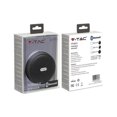 Przenośny Głośnik Bluetooth Micro USB Wysokiej jakości przewód 800mAh Czarny V-TAC VT-6211 Przenośny Głośnik Bluetooth Micro USB Wysokiej jakości przewód 800mAh Czarny V-TAC VT-6211