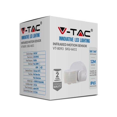 Czujnik Ruchu V-TAC Ścienny Biały 180st/360st IP65 VT-8093 Czujnik Ruchu V-TAC Ścienny Biały 180st/360st IP65 VT-8093