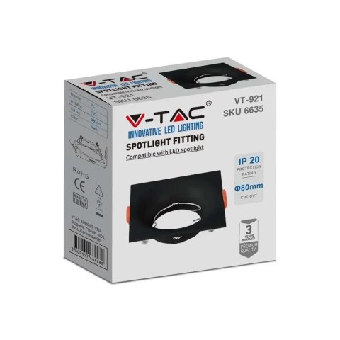 Oczko V-TAC GU10 Wpuszczane Kwadrat Czarne VT-921-B 3 Lata Gwarancji Oczko V-TAC GU10 Wpuszczane Kwadrat Czarne VT-921-B 3 Lata Gwarancji